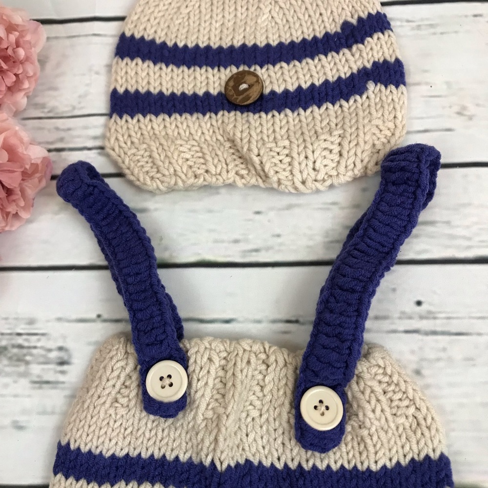 Newborn Baby Hand Knit Blue & Khaki Outfit Photography Prop - Picture 7 of 11